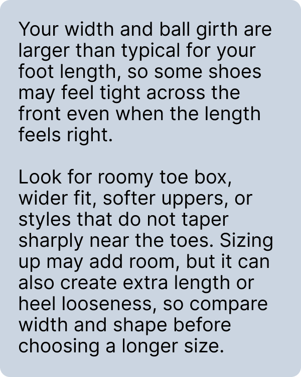 A personalized report explaining that wider width and ball girth mean some shoes may feel tight, with advice to look for roomy toe boxes and softer uppers