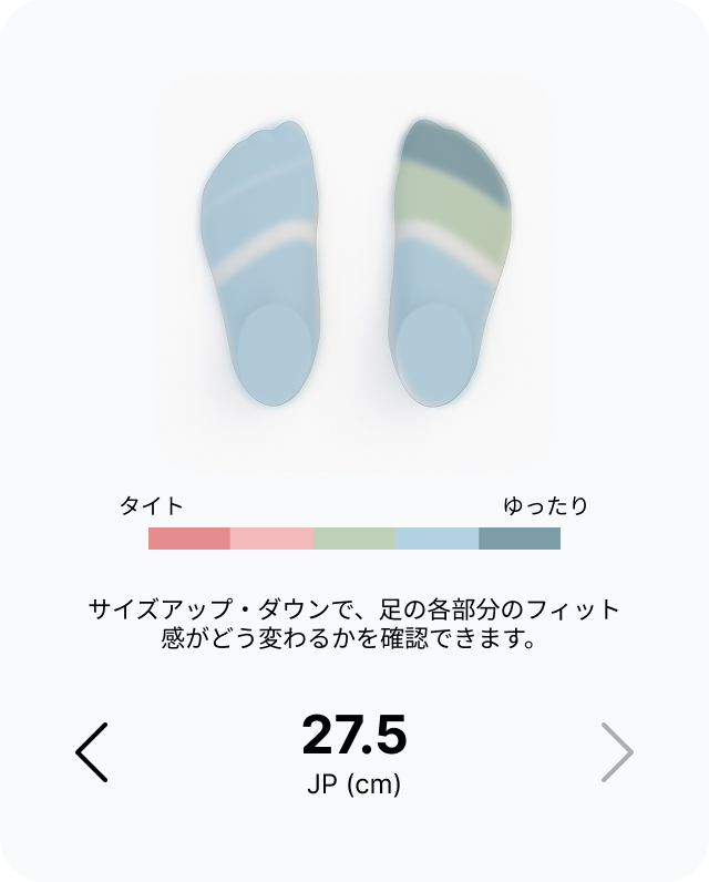 両足のフィット感をタイトからゆったりまで表示した27.5 cmのフィット表示カード