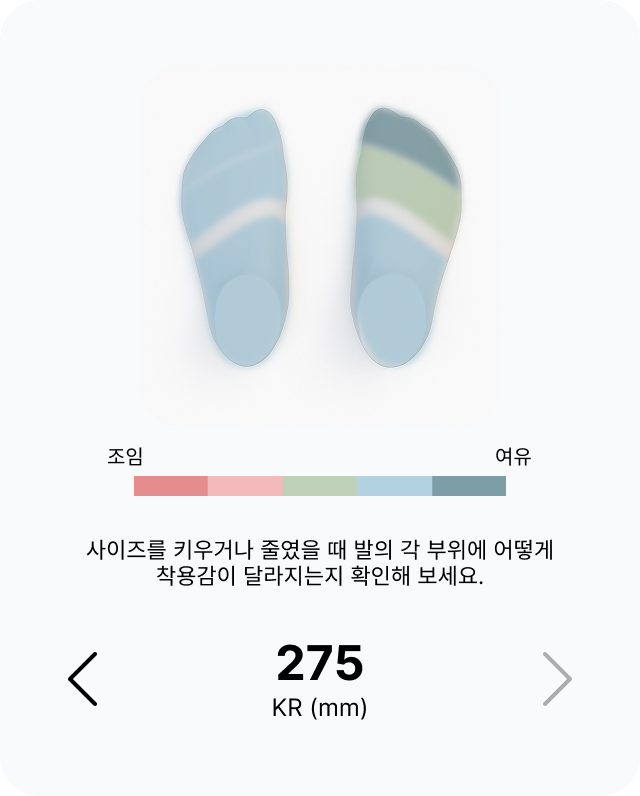 양발의 착용감을 조임부터 여유까지 보여주는 275 사이즈 착용감 카드
