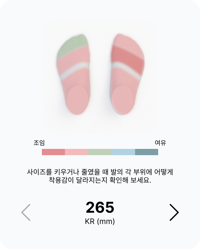 양발의 착용감을 조임부터 여유까지 보여주는 265 사이즈 착용감 카드