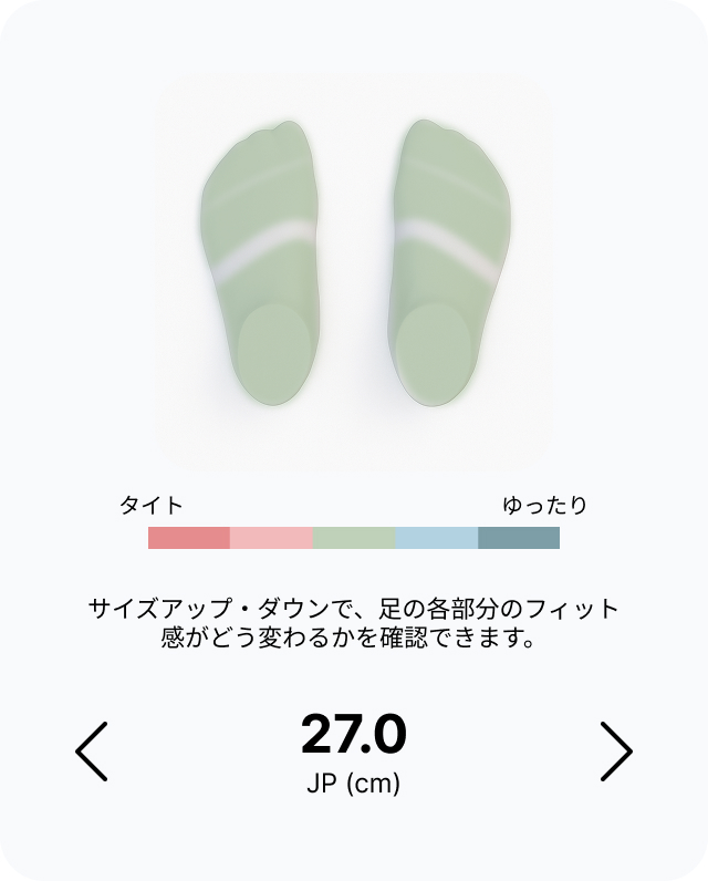 両足のフィット感をタイトからゆったりまで表示した27.0 cmのフィット表示カード