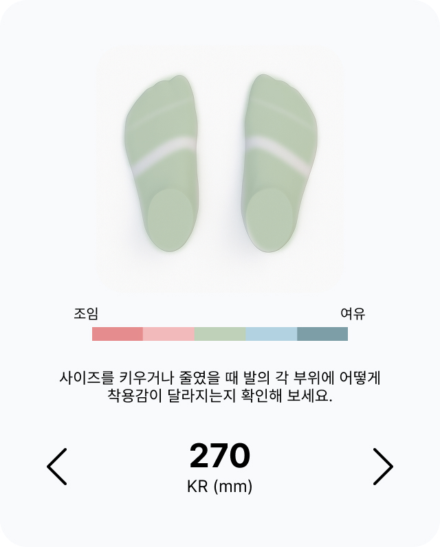 양발의 착용감을 조임부터 여유까지 보여주는 270 사이즈 착용감 카드