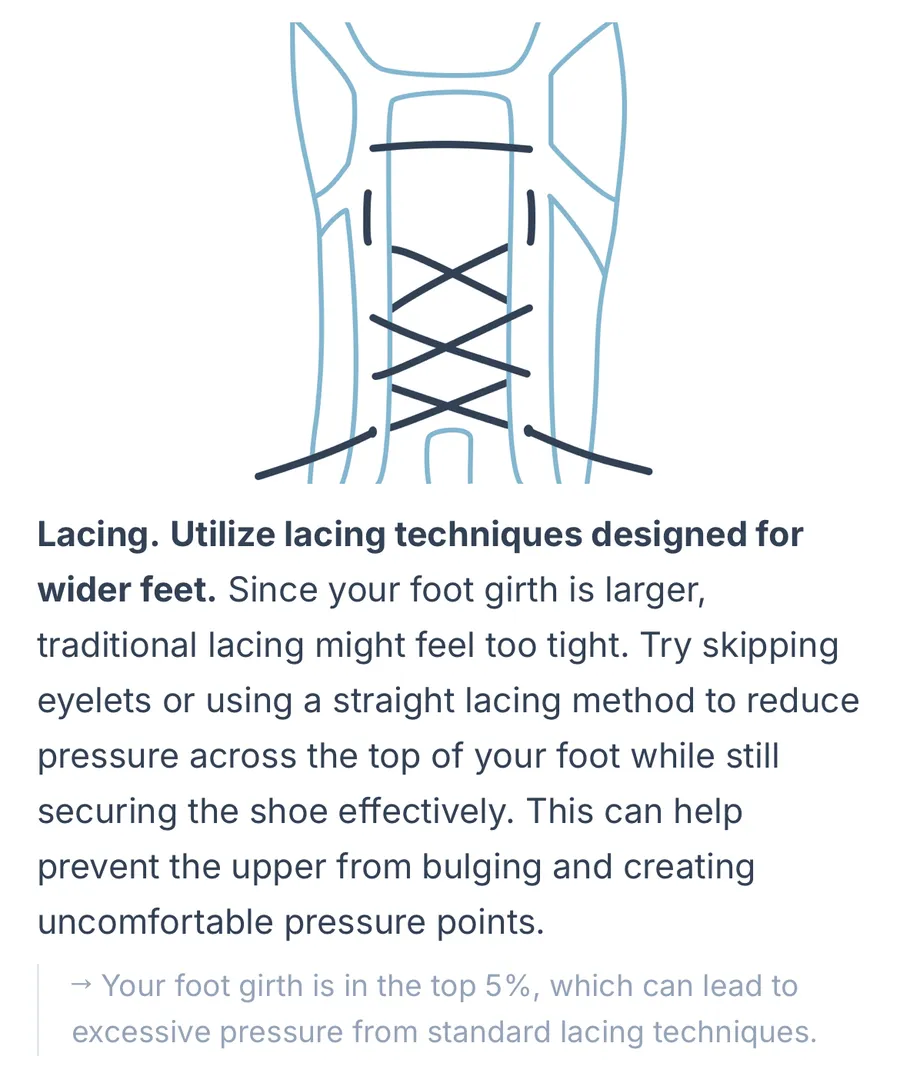 A lacing tip from the running app's fit guide, written for a runner with a larger foot girth