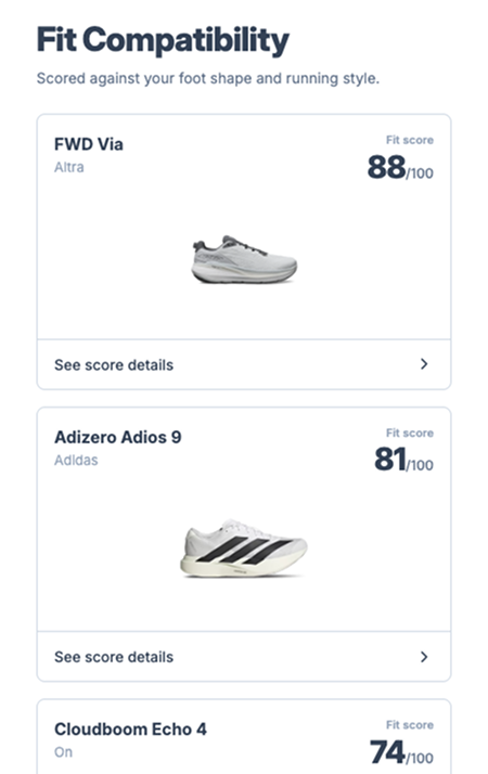 Ranked shoe gallery showing fit compatibility scores — FWD Via by Altra at 88, Adizero Adios 9 by Adidas at 81, Cloudboom Echo 4 by On at 74