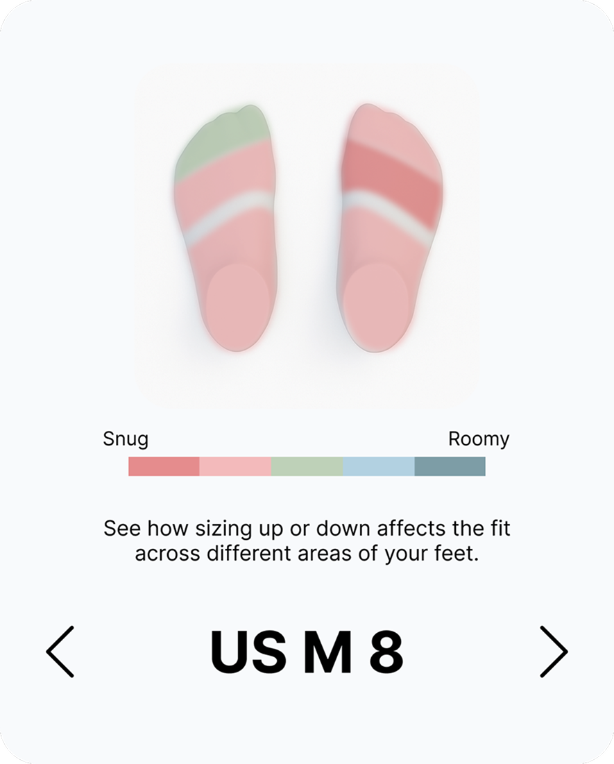 Fit visualizer card, US M 8 — fit shown across both feet on the snug-to-roomy scale