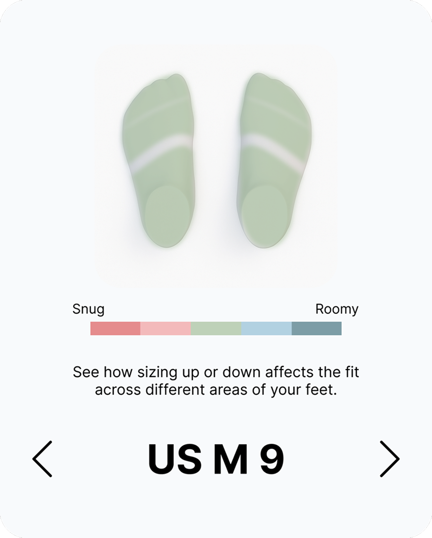 Fit visualizer card, US M 9 — fit shown across both feet on the snug-to-roomy scale